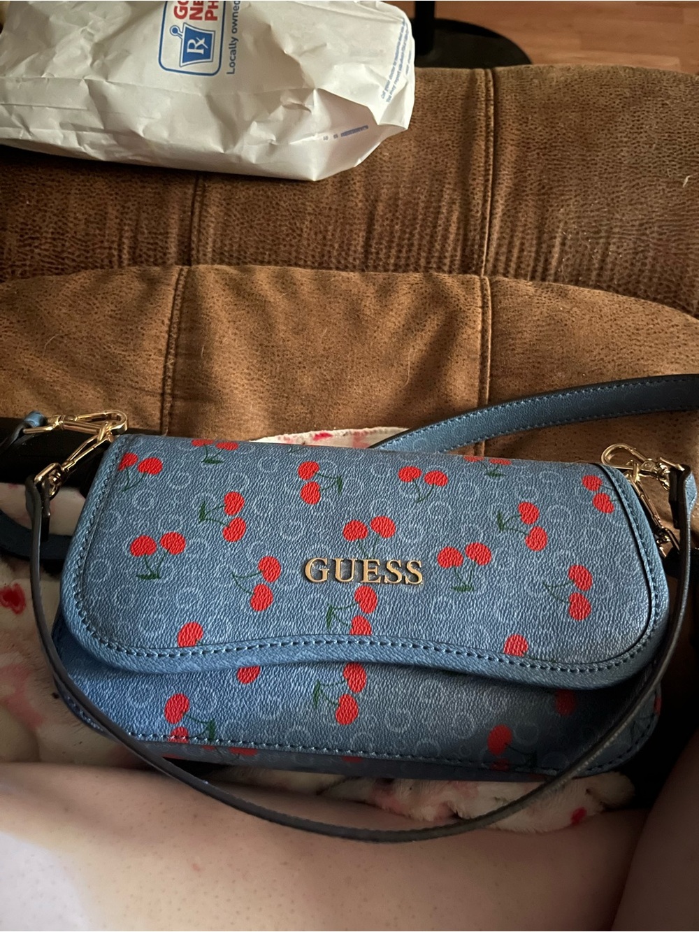 GUESS Blue Crossbody Bag with Red Cherry Print - Picture 2 of 2